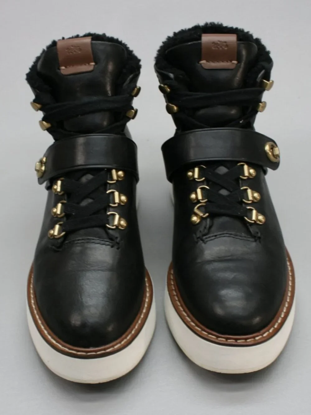 Coach Ladies 7.5 Urban Hiker Platform Black Leather Turn Lock Wedge Ankle Boots - Picture 5 of 12